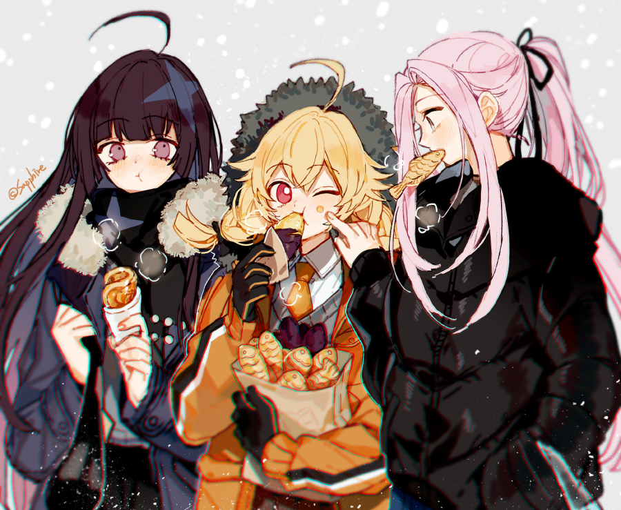 3girls, ahoge, bag, black_gloves, black_jacket, braid, brown_hair, down_jacket
