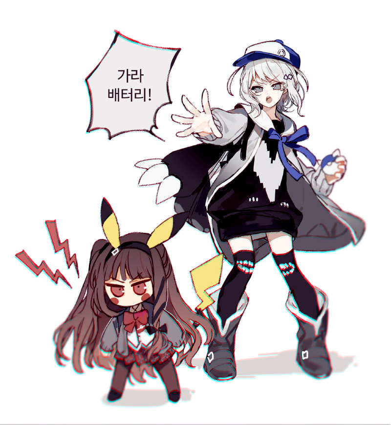 2girls, black_thighhighs, blue_hat, brown_hair, commander_(forever_7th_capital), cosplay, female_commander_(forever_7th_capital), forever_7th_capital