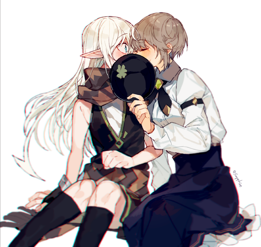 2girls, black_hat, black_vest, blue_eyes, blush, brown_hair, closed_eyes, commentary, covering_another's_mouth, covering_own_mouth, hat, juliet_sleeves, long_hair, long_sleeves, lord_of_heroes, multiple_girls, olivia_pavlichenko, olivia_pavlichenko_(earth), pointy_ears, puffy_sleeves, sapphire_(nine), shirt, short_hair, simple_background, sitting, vanessa_therese_alderune, vanessa_therese_alderune_(light), very_long_hair, vest, white_background, white_hair, white_shirt, yuri