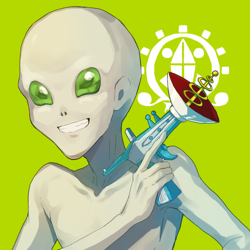 1boy, 24mbb, alien, bald, blue_hair, colored_skin, gnosia, green_background