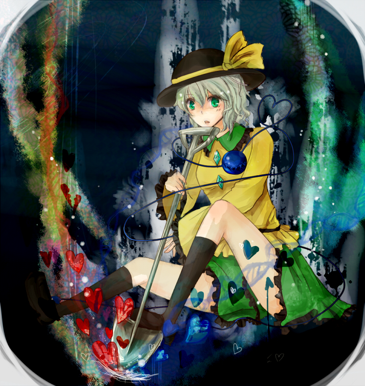 1girl, bad_id, bad_pixiv_id, female_focus, green_eyes, hat, heart, heart_of_string