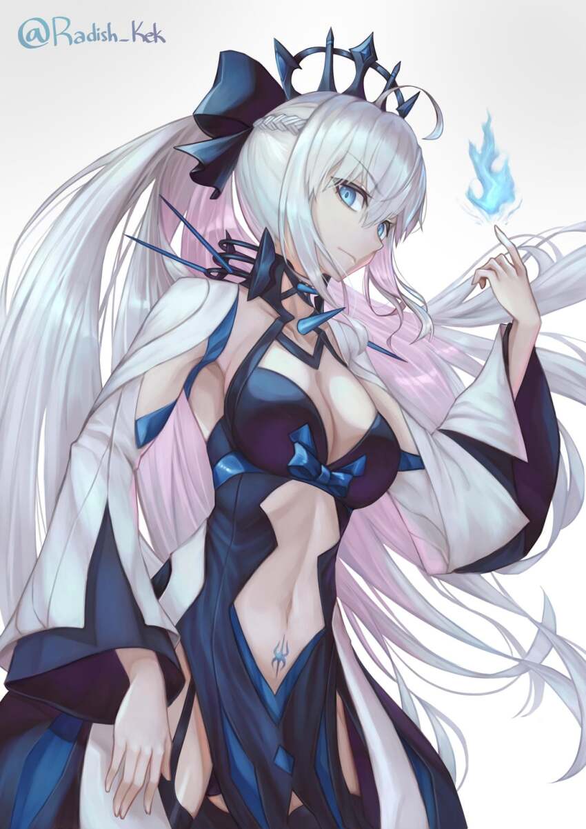 blue_flames, fate_(series), hair_ornament, highres, midriff, morgan_le_fay_(fate), tagme, white_hair