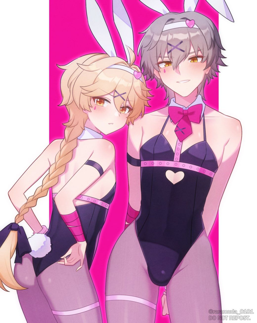 2boys, aether_(genshin_impact), animal_ears, ass, bandages, blonde_hair, blush, braid, bulge, caelus_(honkai:_star_rail), clothing_cutout, company_connection, facial_mark, fake_animal_ears, genshin_impact, grey_hair, hair_between_eyes, hair_ornament, hairband, highres, honkai:_star_rail, honkai_(series), long_hair, male_focus, mihoyo, multiple_boys, pantyhose, playboy_bunny, rabbit_ears, rabbit_hole_(vocaloid), raramuda_0101, short_hair, smile, teeth, trailblazer_(honkai:_star_rail), trap, x_hair_ornament, yellow_eyes