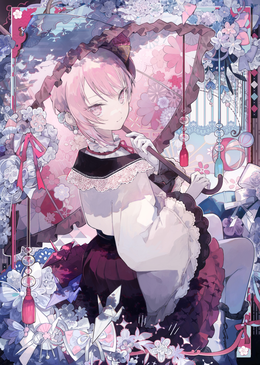 1other, absurdres, akiyama_mizuki, bow, commentary, flower, frilled_skirt, frilled_umbrella