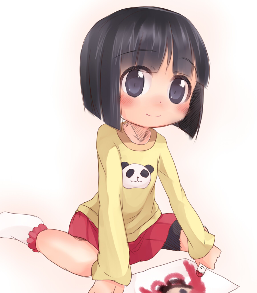 1girl, black_eyes, black_hair, blush, bob_cut, child, child's_drawing, crayon