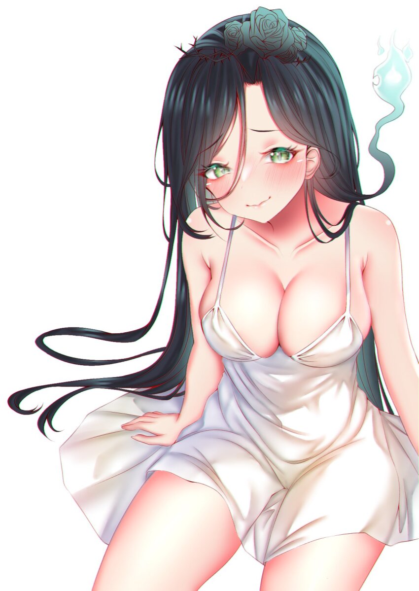 1girl, algorhythm_project, bare_legs, black_hair, breasts, commission, dress, evalia_(algorhythm_project)