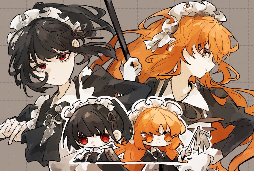 2girls, apron, black_dress, black_hair, chibi, dress, frilled_apron, frills, grey_background, highres, ishmael_(project_moon), limbus_company, maid, maid_apron, maid_headdress, minasemochii, multiple_girls, orange_eyes, orange_hair, project_moon, red_eyes, ryoshu_(project_moon), unconventional_maid, upper_body, waist_apron, white_apron