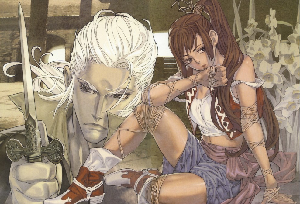 00s, 1boy, 1girl, bellflower, blue_eyes, boots, brown_hair, daffodil