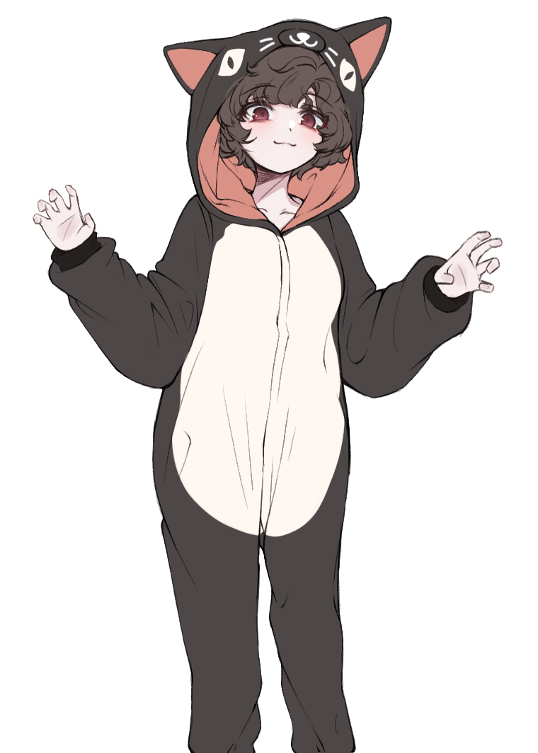 1girl, :3, animal_hood, brown_hair, cat_hood, collarbone, hood, kkoma, korean_commentary, light_blush, looking_at_viewer, onesie, paw_pose, red_eyes, reverse:1999, schneider_(reverse:1999), short_hair, simple_background, solo, white_background