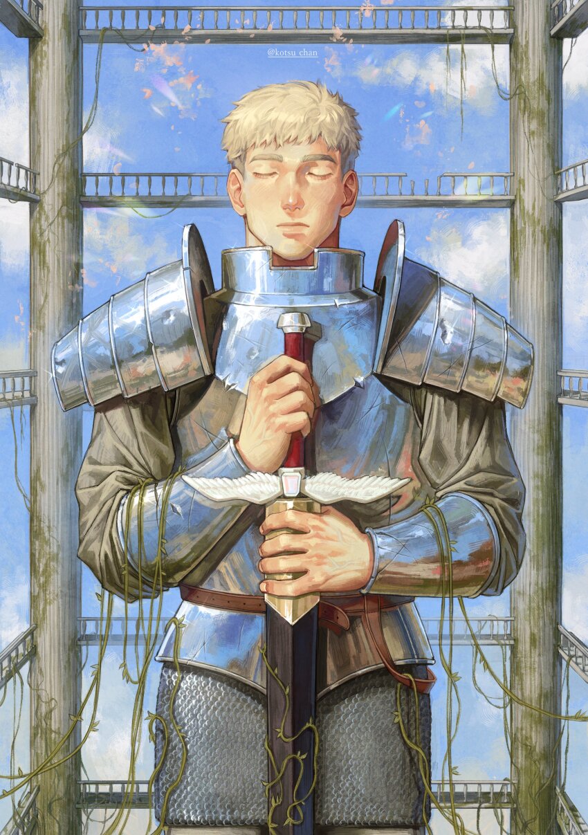 absurdres, armor, blonde_hair, blue_sky, chainmail, closed_eyes, cloud, column, dungeon_meshi, hands_on_own_chest, highres, holding, holding_sword, holding_weapon, kotsu_chan, laios_touden, pillar, plant, plate_armor, scabbard, sheath, sky, sword, vines, weapon