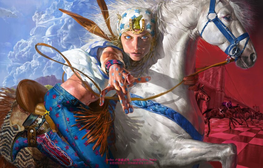 blonde_hair, blue_eyes, blue_pants, blue_sky, boots, bridge, checkered_floor, cloud, cowboy_boots, face_cloud, floating_hair, gyro_zeppeli, highres, horseback_riding, hot_pants_(sbr), johnny_joestar, jojo_no_kimyou_na_bouken, looking_at_viewer, mountain_tim, pants, pointing, pointing_at_viewer, riding, saddle, sky, slow_dancer_(jojo), star_(symbol), steel_ball_run, tudou_estor, white_horse