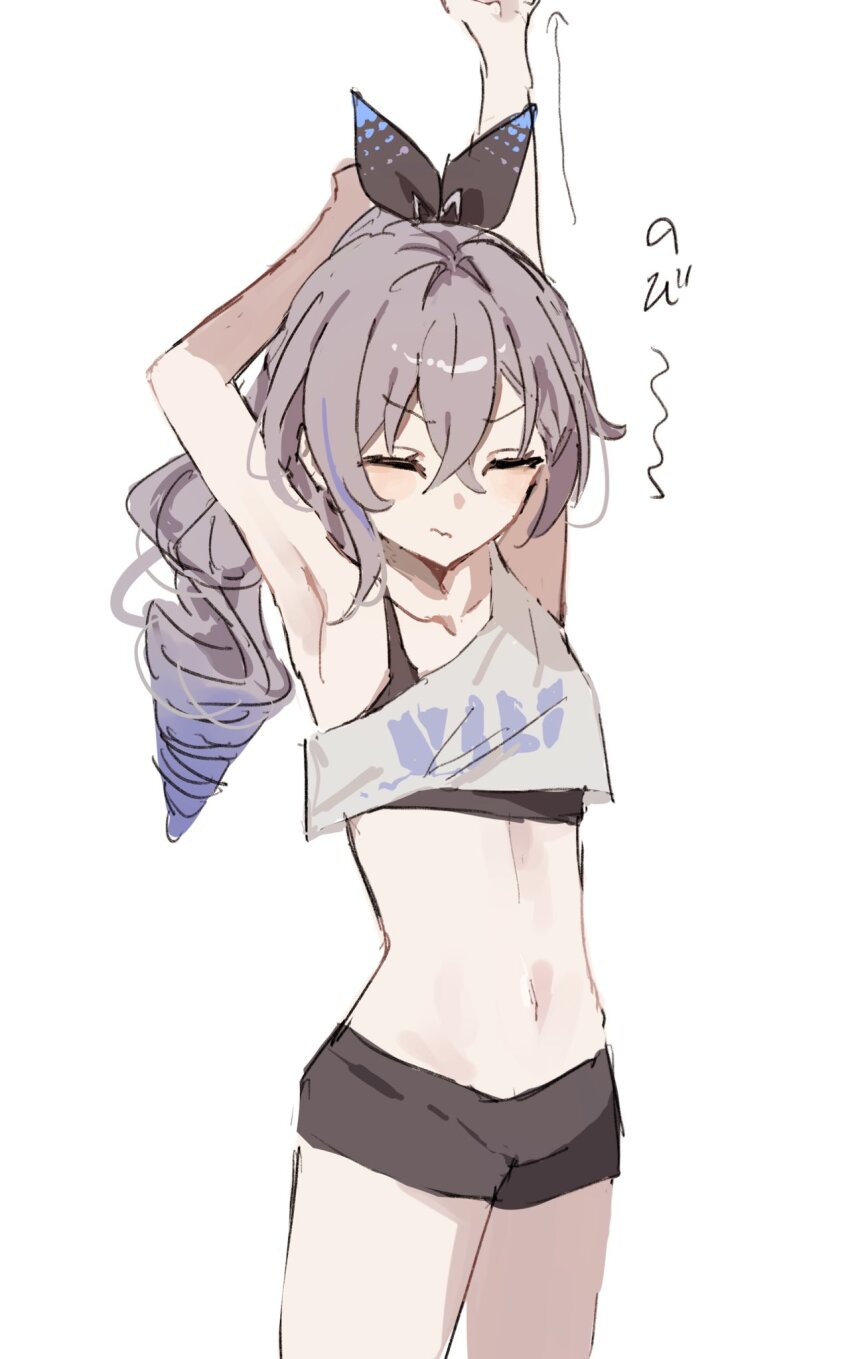 1girl, 3:, armpits, arms_up, black_shorts, closed_eyes, crop_top, crossed_bangs, drill_hair, drill_ponytail, flat_chest, grey_hair, hair_between_eyes, hair_ribbon, highres, honkai:_star_rail, honkai_(series), long_hair, midriff, navel, ponytail, rekka_shinai, ribbon, shirt, short_shorts, shorts, silver_wolf_(honkai:_star_rail), simple_background, single-shoulder_shirt, single_drill, solo, stretching, white_background, white_shirt
