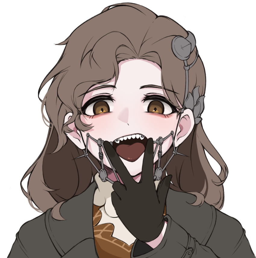1girl, black_gloves, braces, brown_eyes, brown_hair, eyebrows, gloves, highres, kkoma, korean_commentary, long_hair, looking_at_viewer, open_mouth, reverse:1999, simple_background, solo, teeth, tongue, tooth_fairy_(reverse:1999), upper_teeth_only, v, v_over_mouth, white_background