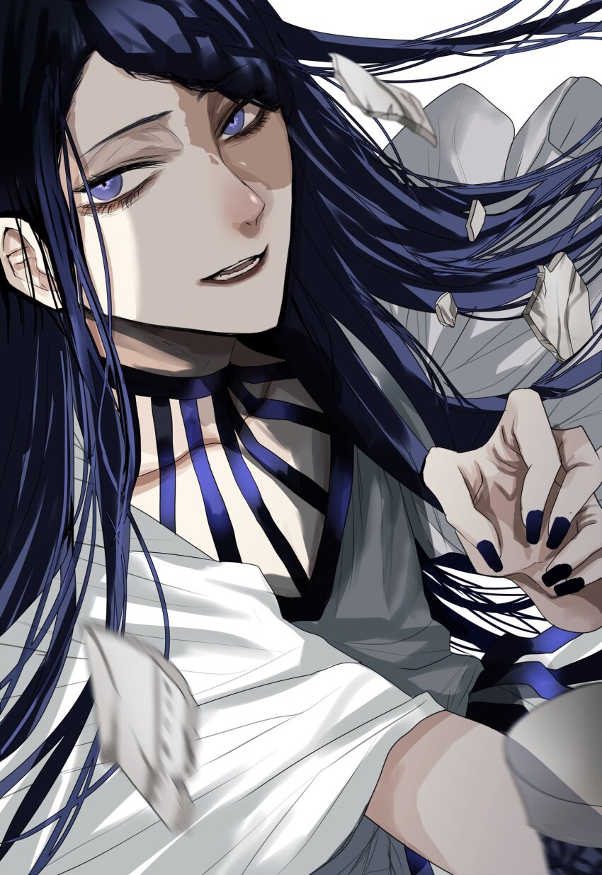 1girl, ado_(utaite), blue_eyes, blue_hair, blue_nails, braid, braided_bangs, commentary