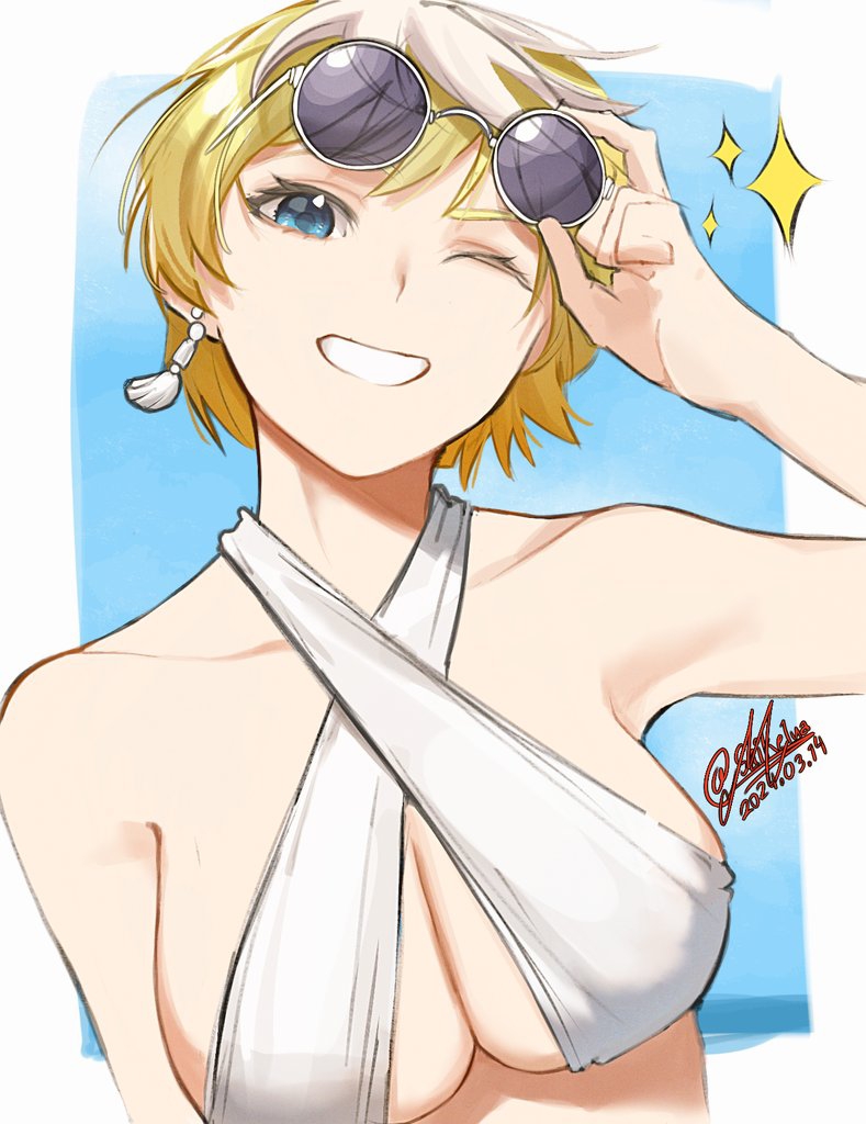 1girl, adjusting_eyewear, blonde_hair, blue_eyes, breasts, dated, earrings, hand_on_eyewear