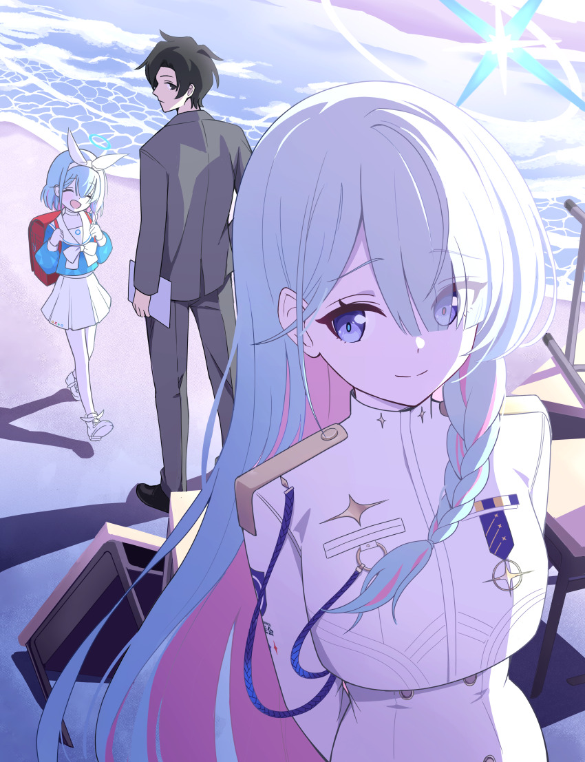 1boy, 2girls, 4_m_lacra, ^_^, absurdres, aqua_hair, arona_(blue_archive), backpack