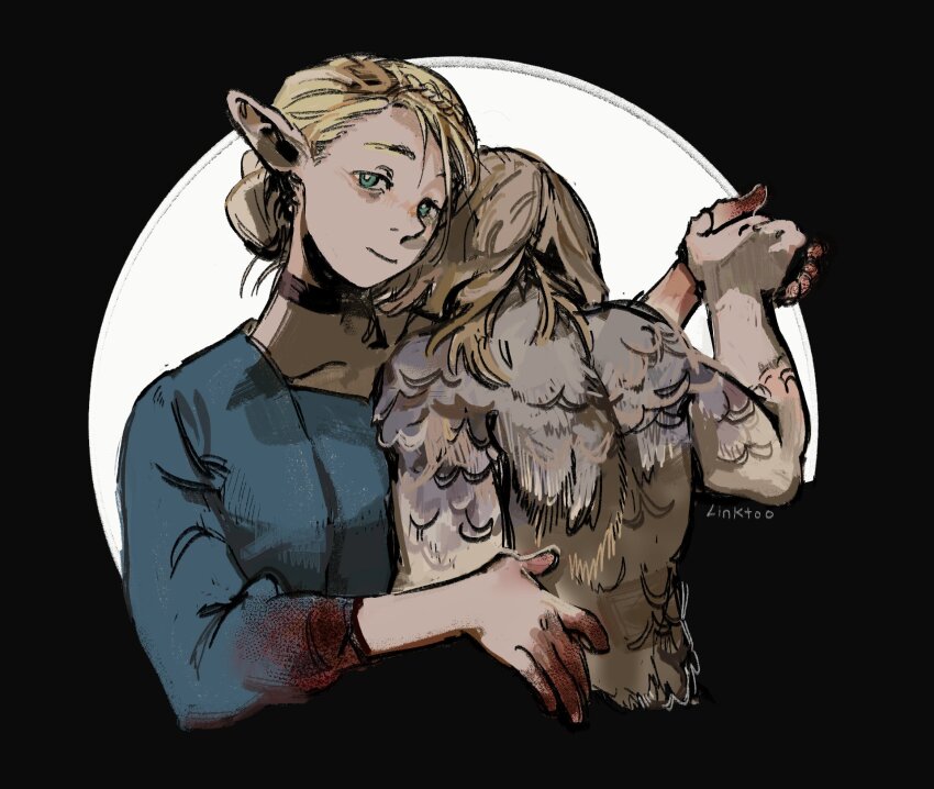 2girls, artist_name, black_background, black_choker, blonde_hair, blood, blood_on_clothes, blood_on_hands, blue_dress, choker, dress, dungeon_meshi, facing_away, falin_touden, falin_touden_(chimera), feathers, highres, holding_hands, hug, linktoo_doodles, looking_at_viewer, marcille_donato, multiple_girls, pointy_ears, spoilers, upper_body, white_feathers