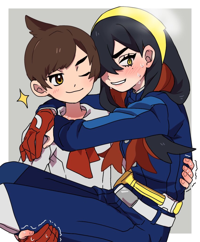 1boy, 1girl, black_hair, blueberry_academy_(emblem), blueberry_academy_school_uniform, brown_hair, carmine_(pokemon), carrying