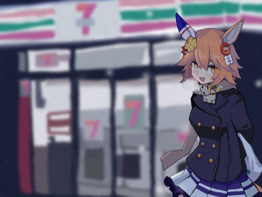 +_+, 1girl, 7-eleven, animal_ears, arms_behind_back, bag, black_coat, blurry