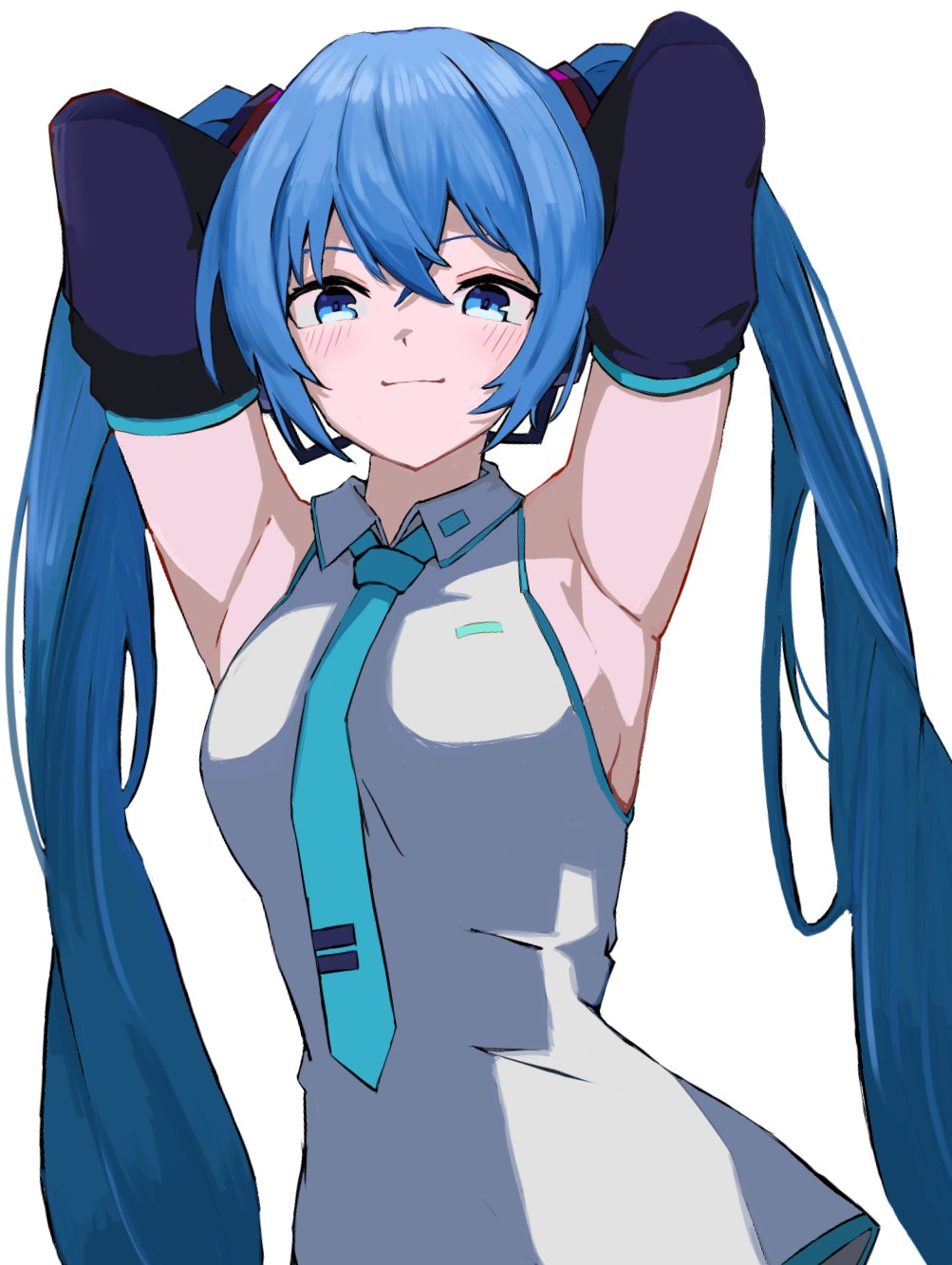 1girl, armpits, arms_behind_head, arms_up, blue_eyes, blue_hair, blush, breasts, closed_mouth, collared_shirt, detached_sleeves, grey_shirt, hatsune_miku, headphones, highres, long_hair, looking_at_viewer, medium_breasts, necktie, shirt, sideboob, simple_background, sleeveless, sleeveless_shirt, smile, solo, sudzume, twintails, upper_body, vocaloid, white_background