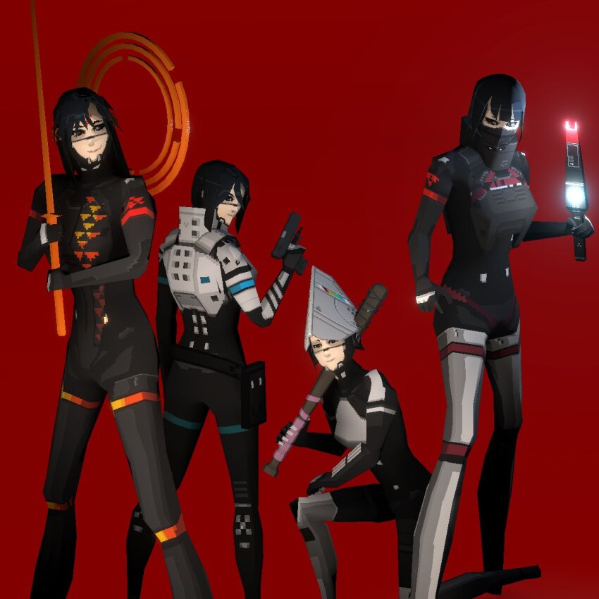 4girls, android, ara_(signalis), armor, barbed_wire, baseball_bat, baton_(weapon), belt_pouch