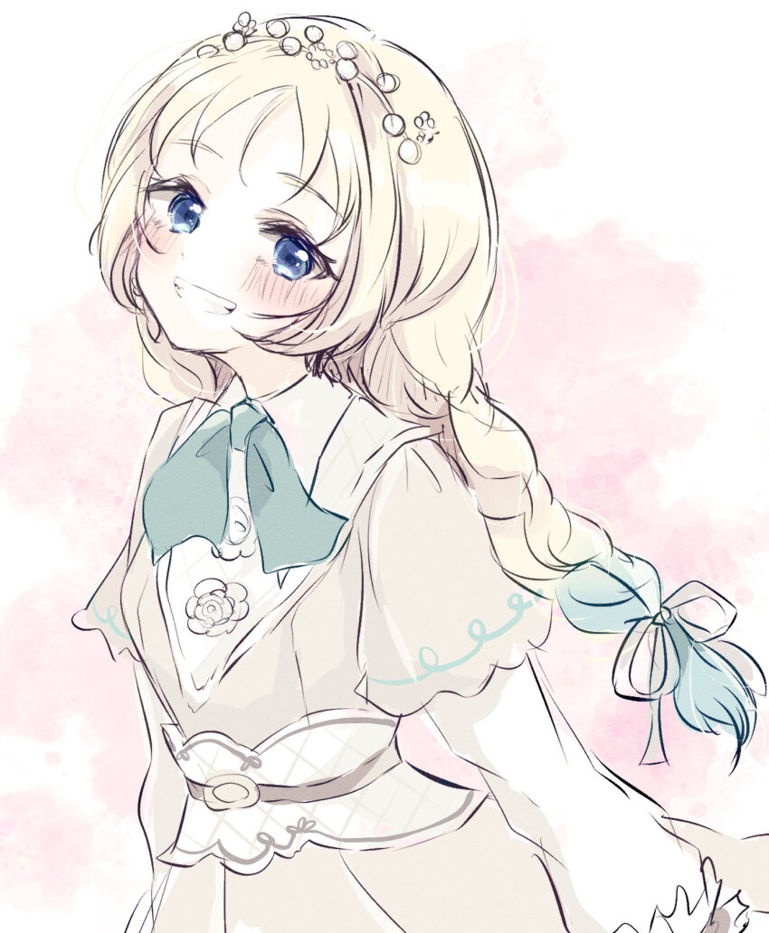 1girl, :d, arms_at_sides, baran._(ba_ra_ran), belt, black_belt, blonde_hair, blue_eyes