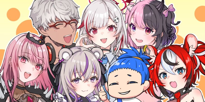 2boys, 5girls, amaki_pururu, animal_ear_fluff, animal_ears, arurandeisu, black_hair, blue_eyes