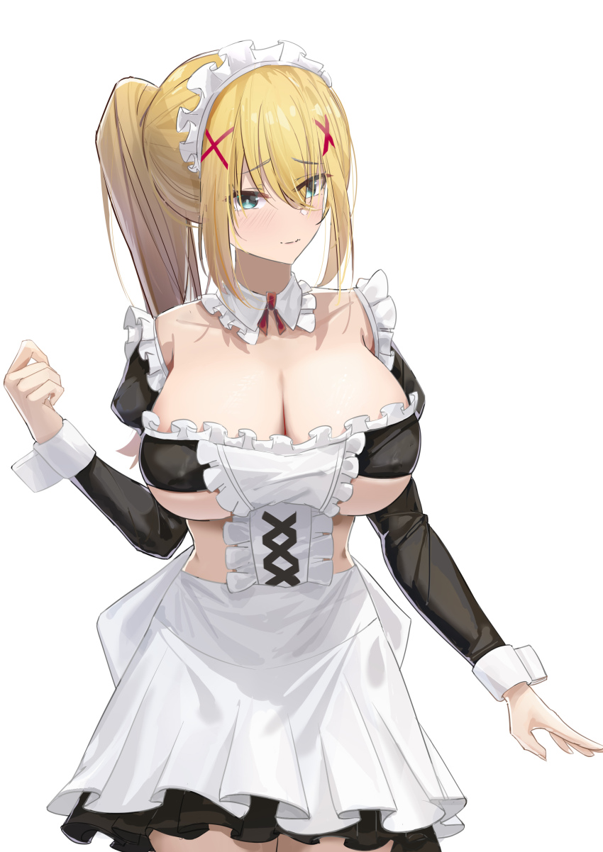 1girl, absurdres, apron, aqua_eyes, bandeau, black_bandeau, black_skirt, black_sleeves, blonde_hair, breasts, cleavage, closed_mouth, collar, collarbone, cowboy_shot, darkness_(konosuba), detached_collar, detached_sleeves, frilled_apron, frilled_sleeves, frills, hair_ornament, hand_up, highres, huge_breasts, kono_subarashii_sekai_ni_shukufuku_wo!, lilin_(pixiv_25958194), long_hair, looking_at_viewer, maid, maid_apron, maid_headdress, official_alternate_costume, ponytail, simple_background, skirt, solo, unconventional_maid, waist_apron, white_apron, white_background, white_collar, x_hair_ornament