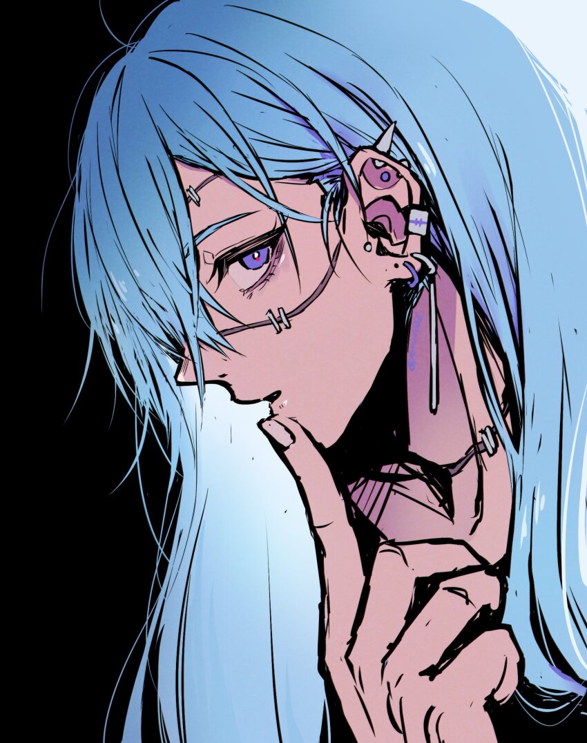 1boy, akasuzu3641, androgynous, blue_eyes, blue_hair, ear_piercing, earrings, eyelashes