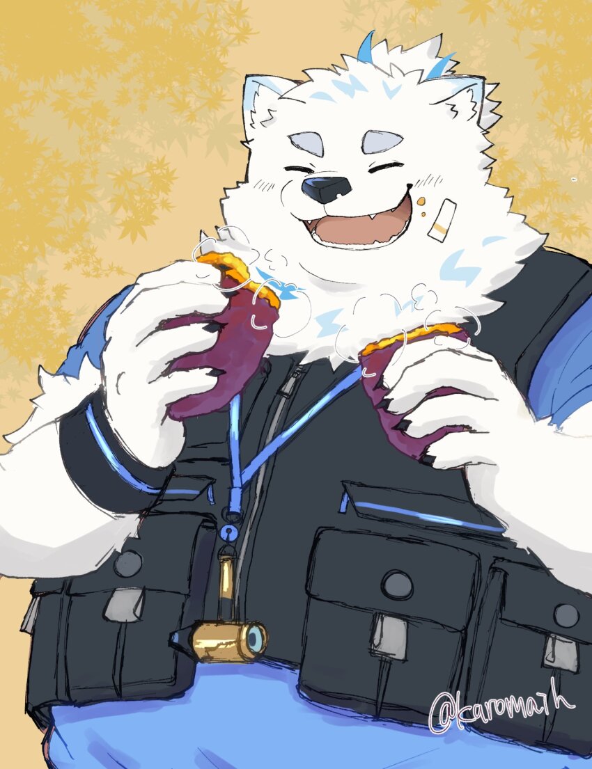 1boy, ^_^, animal_ears, bandaid, bara, belly, blue_fur, closed_eyes