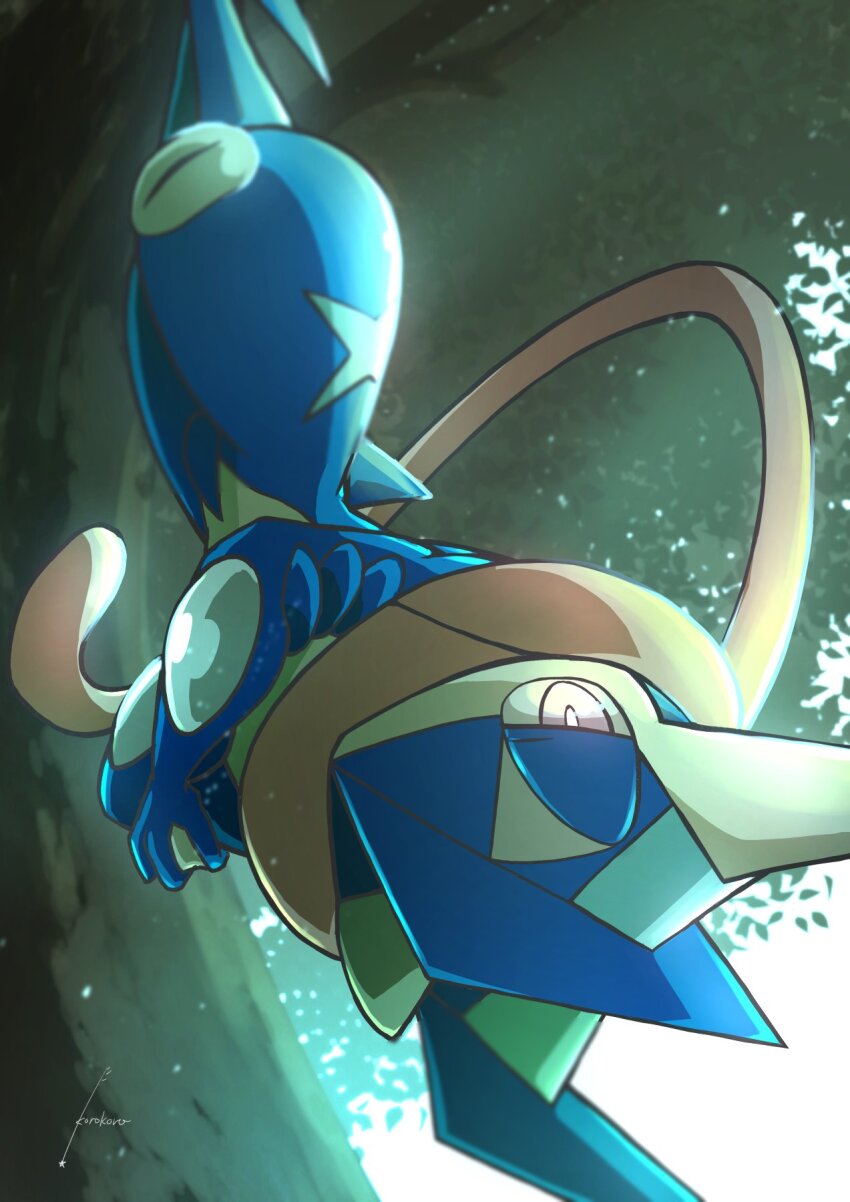 artist_name, blue_skin, blurry, blurry_background, colored_skin, cross, feet_out_of_frame, frog, gen_6_pokemon, greninja, highres, hosi_koro, long_tongue, nintendo, on_tree, outdoors, pokemon, pokemon_(creature), solo, tongue, tree, upside-down