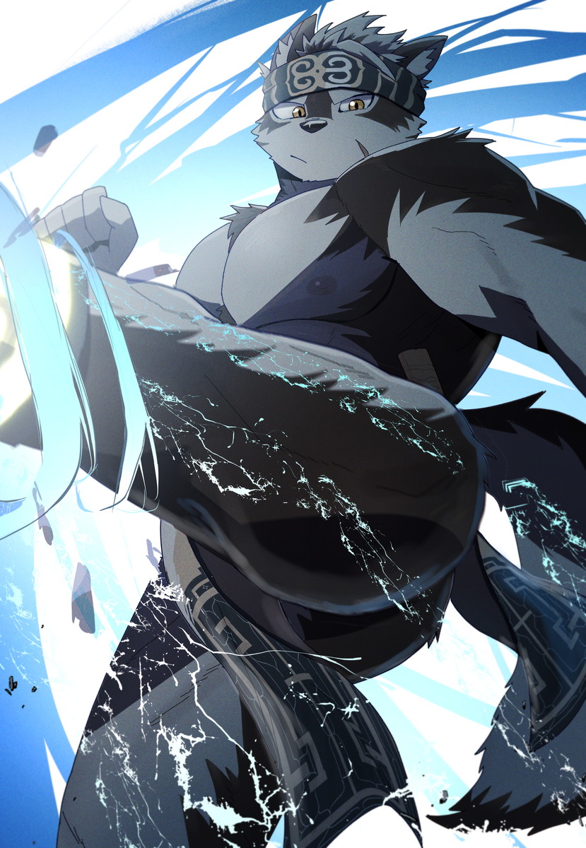 1boy, :/, abs, aerokinesis, ainu_clothes, animal_ears, attack_trail, bara