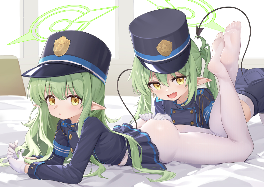 2girls, absurdres, arm_support, armband, ass, ass_grab, bed_sheet, bedroom, black_hat, black_tail, blue_archive, blue_armband, blue_hat, blue_jacket, blue_shorts, blue_skirt, blush, clothes_lift, collared_jacket, demon_girl, demon_tail, earrings, fang, fujiko_sugi, gloves, green_hair, green_halo, hair_between_eyes, halo, hands_on_another's_ass, hat, highres, hikari_(blue_archive), indoors, jacket, jewelry, legs, legs_up, loli, long_hair, long_sleeves, looking_at_viewer, lying, miniskirt, multiple_girls, no_shoes, nozomi_(blue_archive), on_stomach, open_mouth, pantyhose, peaked_cap, pleated_skirt, pointy_ears, shako_cap, short_shorts, shorts, siblings, sisters, skin_fang, skirt, skirt_lift, soles, tail, twins, twintails, white_gloves, white_pantyhose, yellow_eyes