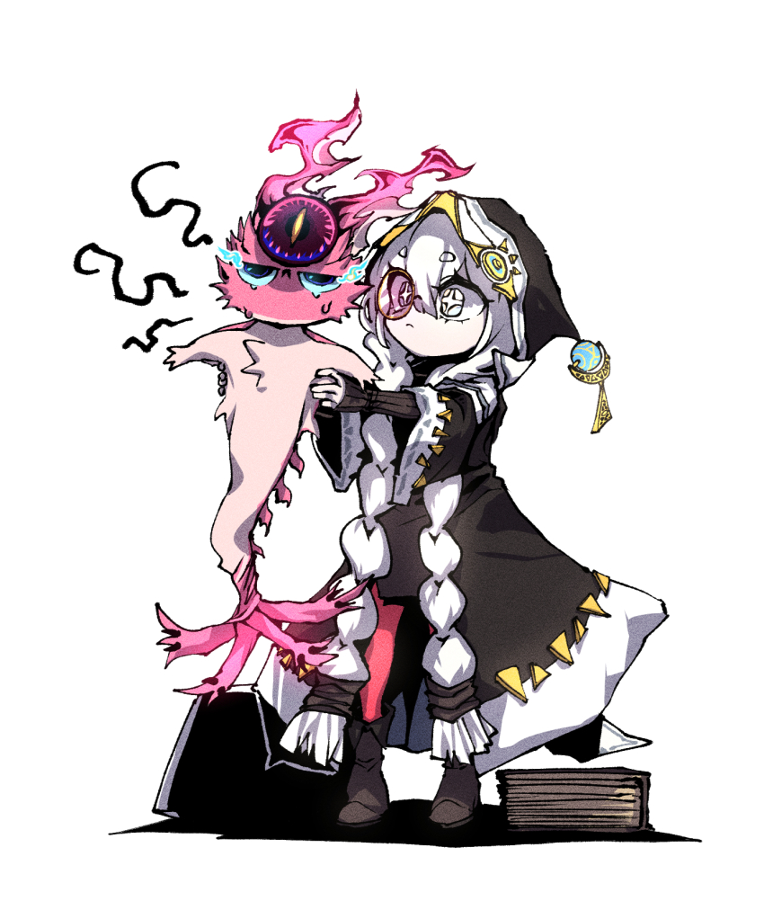 1girl, astellar_of_the_white_forest, black_shirt, book, boots, braid, brown_boots, brown_coat