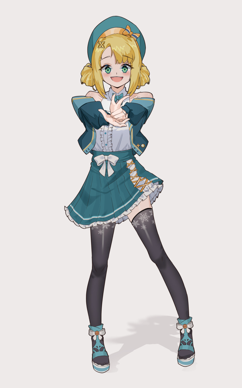 1girl, absurdres, blonde_hair, bow, commission, dress, finger_gun, green_eyes, hair_ornament, hat, highres, indie_virtual_youtuber, looking_at_viewer, maril_zu, open_mouth, pengin_pina, prism_project, ribbon, shadow, shoes, simple_background, skirt, smile, solo, thighhighs, thighs, virtual_youtuber, white_background