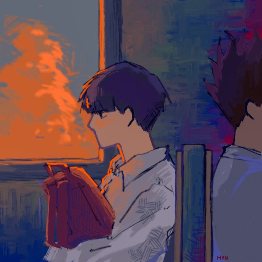 2boys, bag, black_hair, cloud, collared_shirt, golden_hour, hannnn, highres