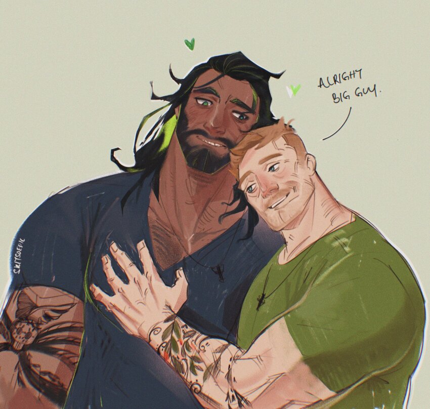 2boys, bara, beard, blonde_hair, couple, english_text, facial_hair, full_beard, gab_(skitsoepic), hand_on_another's_chest, heads_together, heart, highres, hug, interracial, large_pectorals, leaf_tattoo, long_hair, male_focus, mature_male, multiple_boys, muscular, muscular_male, mustache_stubble, nipples, original, pectoral_cleavage, pectorals, raph_(skitsoepic), skitsoepic, stubble, tattoo, thick_chest_hair, thick_eyebrows, tsurime, yaoi