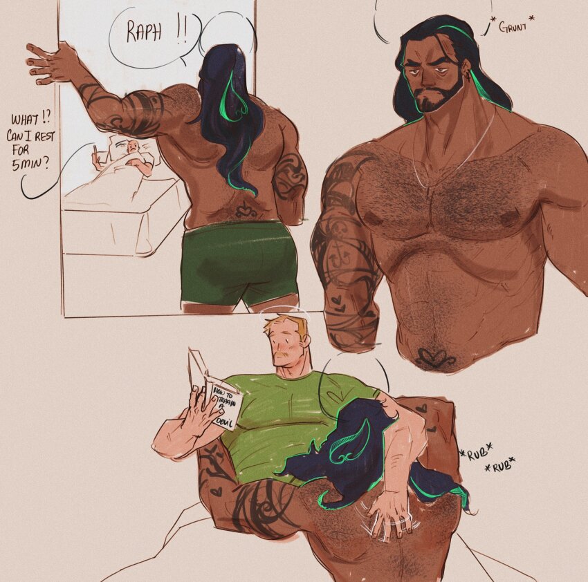 2boys, bara, beard, blonde_hair, caressing, couple, cropped_torso, cuddling