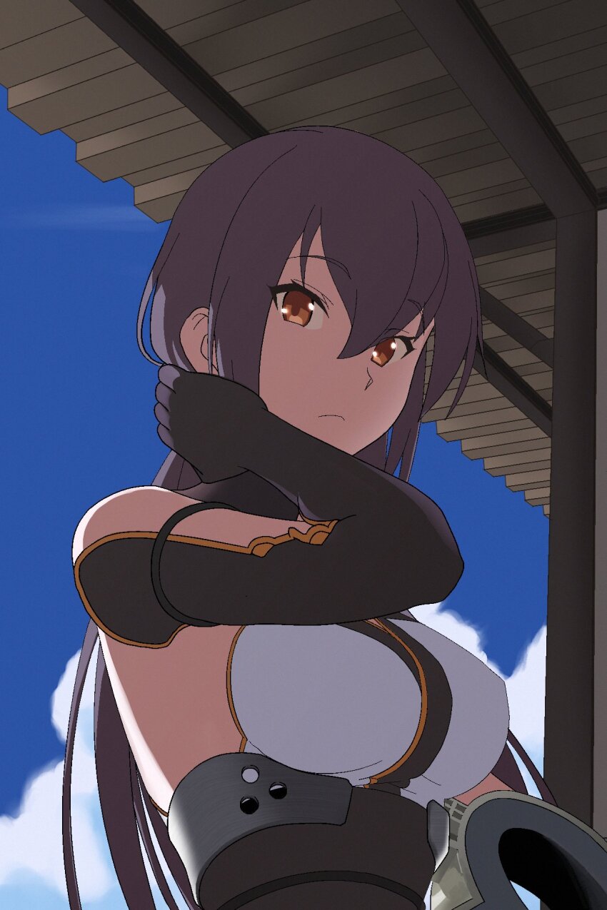 1girl, black_gloves, black_hair, blue_sky, breasts, brown_eyes, cloud, elbow_gloves