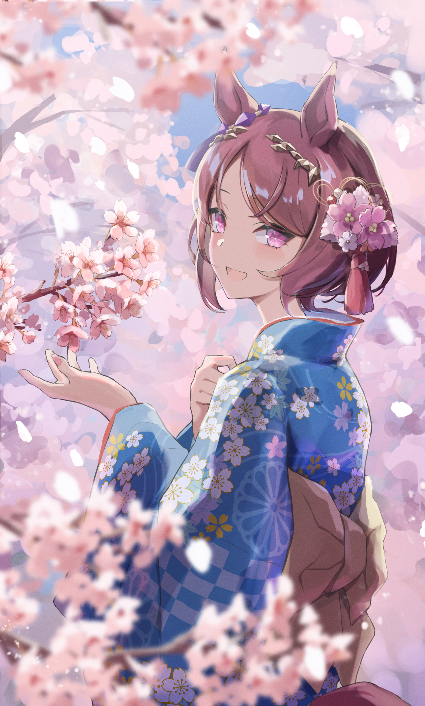 1girl, :d, absurdres, alternate_costume, animal_ears, blue_kimono, brown_hair, cherry_blossoms, floral_print, flower, flower_in_eye, from_side, hair_flower, hair_ornament, highres, horse_ears, horse_girl, japanese_clothes, karajio, kimono, looking_at_viewer, looking_to_the_side, open_mouth, parted_bangs, pink_eyes, purple_eyes, sakura_laurel_(umamusume), short_hair, smile, solo, symbol_in_eye, umamusume, upper_body