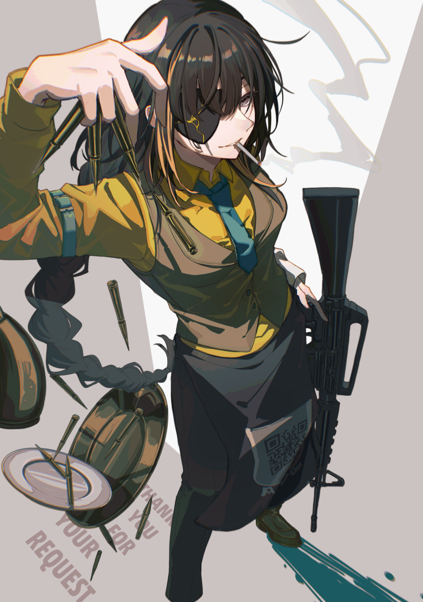 1girl, absurdres, apron, assault_rifle, black_apron, black_hair, black_pants, blue_necktie