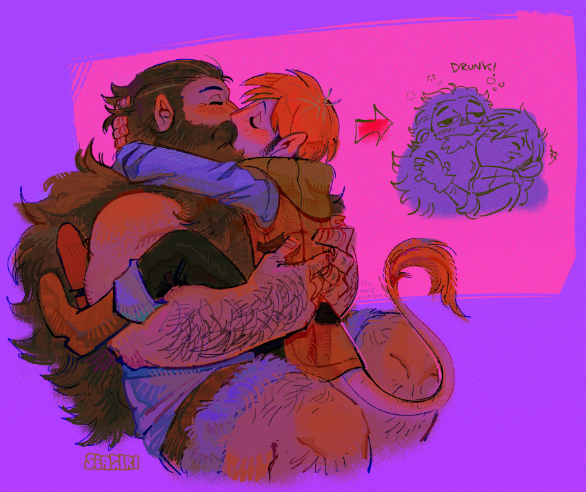 2boys, bara, beard, brown_hair, chilchuck_tims, closed_eyes, couple, doodle_inset