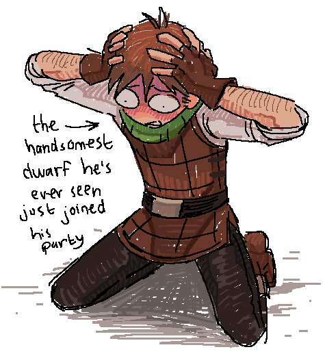 1boy, blush, brown_hair, chilchuck_tims, constricted_pupils, drawpile_(medium), dungeon_meshi, english_text