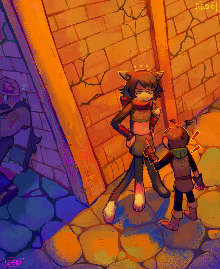 !, !!, 2boys, absurdres, beard, brown_hair, cat_girl, chilchuck_tims