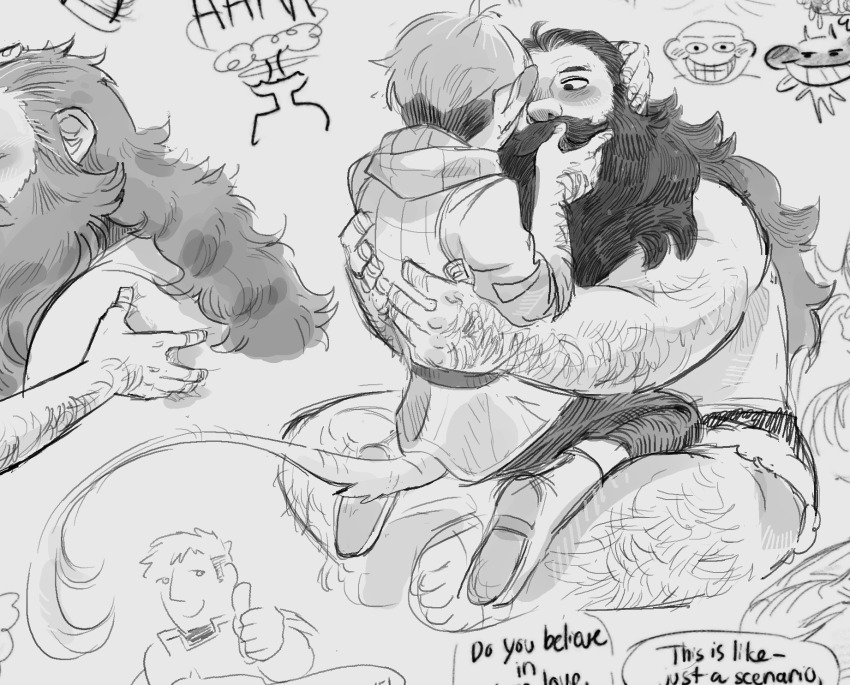 2boys, bara, beard, chilchuck_tims, couple, doodle_inset, drawpile_(medium), dungeon_meshi
