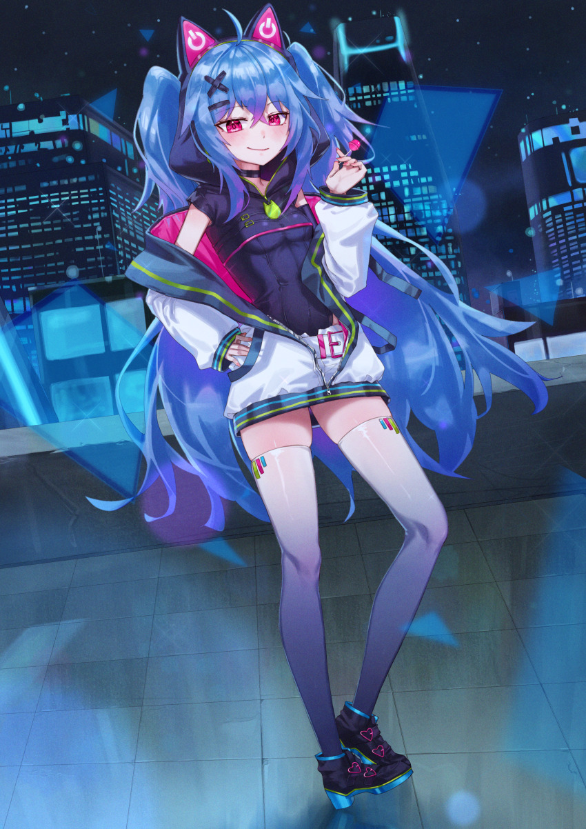 1girl, absurdres, ahoge, animal_ears, belt, blue_hair, breasts, building