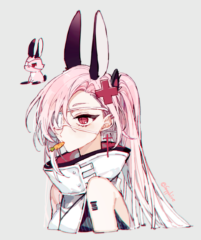 1girl, alexia_(forever_7th_capital), animal_ears, cross, cross_earrings, ear_piercing, earrings, forever_7th_capital, jacket, jewelry, long_hair, one_side_up, piercing, pink_eyes, pink_hair, rabbit_ears, sapphire_(nine), simple_background, sleeveless, sleeveless_jacket, solo, upper_body, very_long_hair, white_background, white_jacket