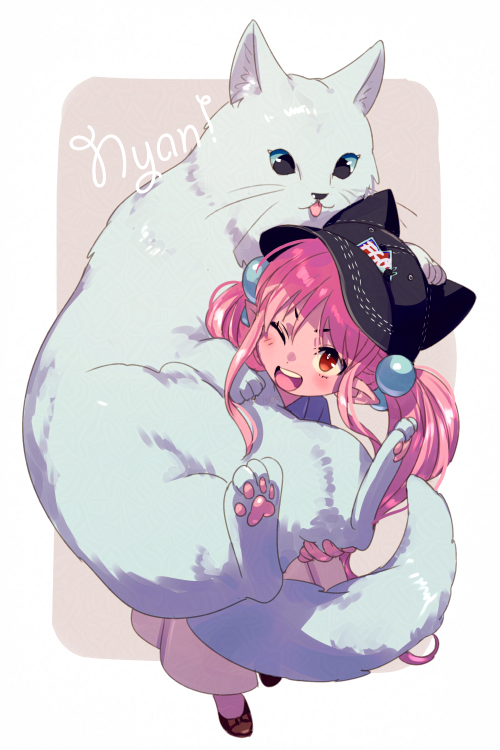 1girl, black_hat, blue_shirt, blush, carrying, cat, echo_(circa), fate/grand_order