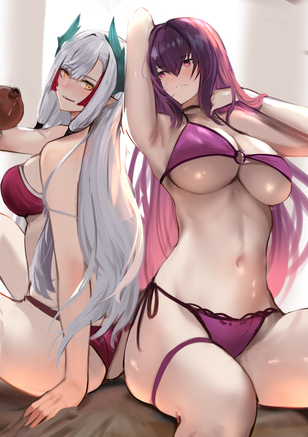 2girls, arm_up, ass, bare_shoulders, bikini, blush, breasts, choker