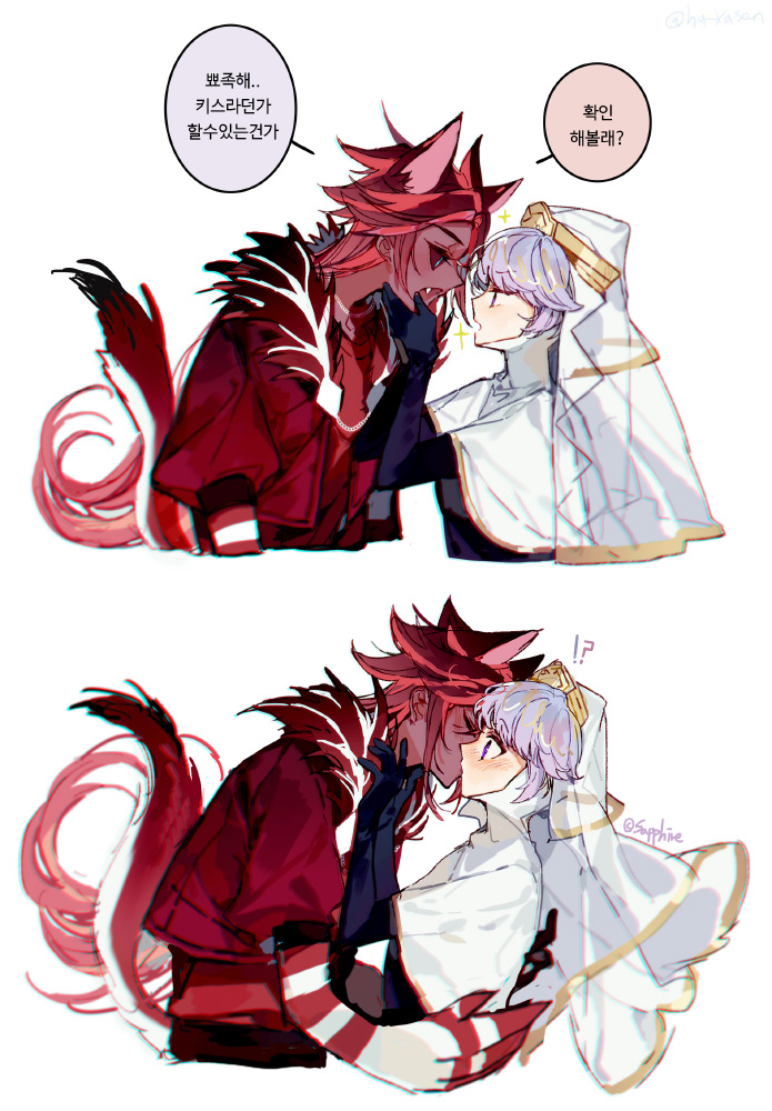 1boy, 1girl, animal_ears, black_dress, black_gloves, capelet, claws, colored_skin, cookie_run, dress, fangs, gloves, gold_trim, habit, hetero, humanization, jacket, kiss, korean_text, long_sleeves, nun, nun_headdress, open_mouth, pastry_cookie, red_jacket, red_skin, red_velvet_cookie, sapphire_(nine), simple_background, speech_bubble, tail, translation_request, upper_body, veil, white_background, white_capelet, white_veil, wolf_ears, wolf_tail